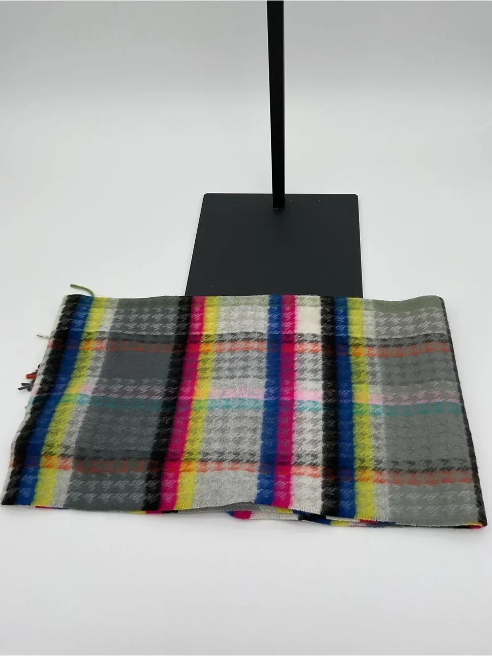 V. Fraas Multicolor Plaid Fringe Scarf - Gray, Pink, Yellow